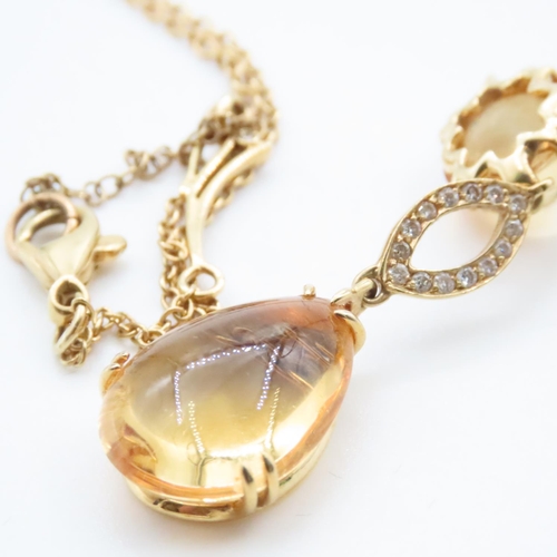 1611 - Polished Citrine and Diamond Set 18 Carat Yellow Gold Drop Necklace Chain 46cm Long Pendant 7cm Drop