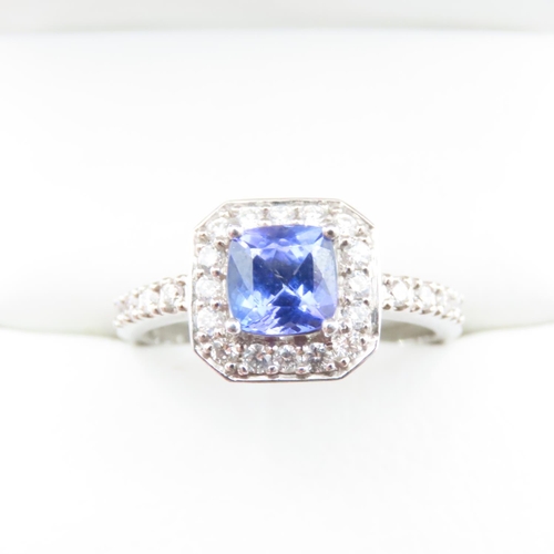 1613 - Cushion Cut Tanzanite Ring Mounted in Platinum with Further Diamond Halo Set Ring Size R