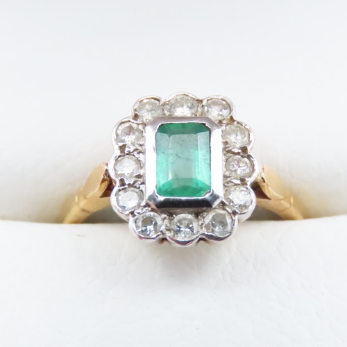 1614 - Emerald and Diamond Cluster Ring Set on 18 Carat Yellow Gold Band Ring Size M