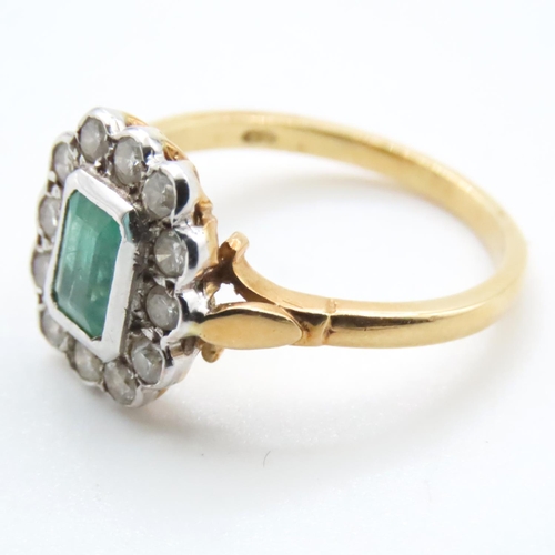 1614 - Emerald and Diamond Cluster Ring Set on 18 Carat Yellow Gold Band Ring Size M