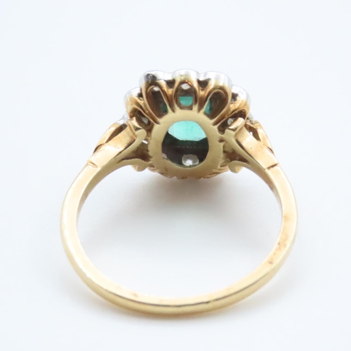 1614 - Emerald and Diamond Cluster Ring Set on 18 Carat Yellow Gold Band Ring Size M