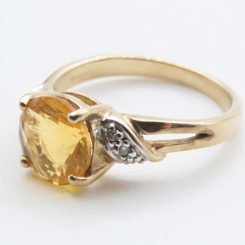 1630 - Citrine Set Ring with Further Diamond Inset to Shoulder Mounted on 9 Carat Yellow Gold Ring Size N