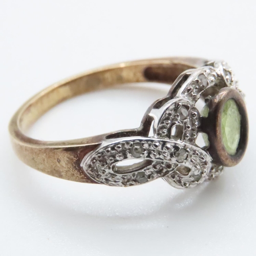 1632 - Bezel Set Peridot and Diamond Cluster Ring Mounted in 9 Carat Yellow Gold Ring Size M