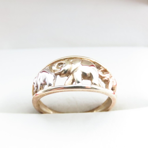 1646 - 9 Carat Yellow, White and Rose Gold Elephant Motif Ring Size N