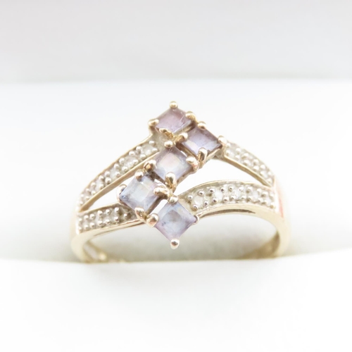 1648 - Five Stone Amethyst and Diamond Cluster Ring Mounted in 9 Carat Yellow Gold Ring Size R