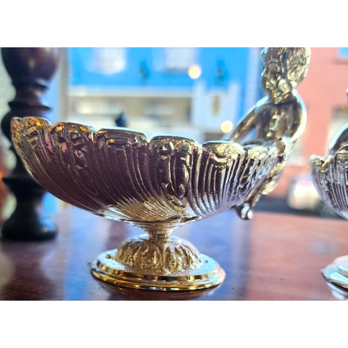 165 - Pair of Gilded and Silver Plated Boat Form Table Salts with Figural Decoration Spoons Present Each A... 