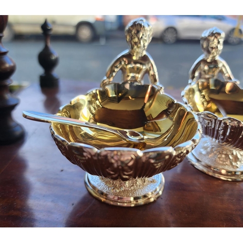 165 - Pair of Gilded and Silver Plated Boat Form Table Salts with Figural Decoration Spoons Present Each A... 