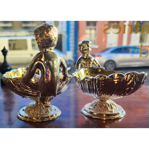 165 - Pair of Gilded and Silver Plated Boat Form Table Salts with Figural Decoration Spoons Present Each A... 