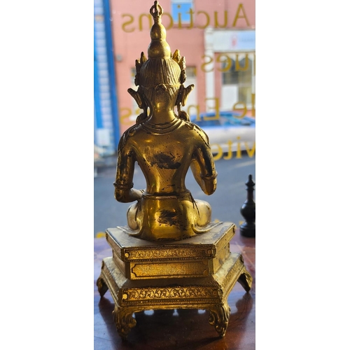 166 - Eastern Gilded Bronze Figure Seated Deity with Hand Raised Approximately 9 Inches High