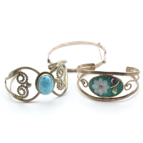 1665 - Floral Design and Turquoise Set Silver Cuff Bracelet with Another Silver Bangle