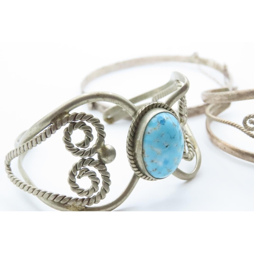 1665 - Floral Design and Turquoise Set Silver Cuff Bracelet with Another Silver Bangle