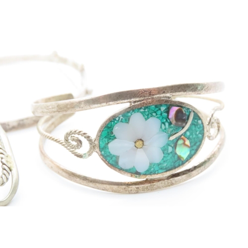 1665 - Floral Design and Turquoise Set Silver Cuff Bracelet with Another Silver Bangle