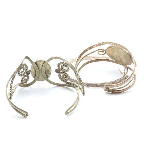 1665 - Floral Design and Turquoise Set Silver Cuff Bracelet with Another Silver Bangle