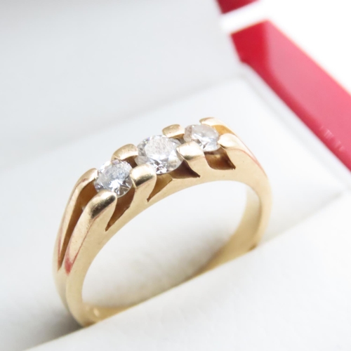 1676 - Diamond Three Stone Ring Mounted on 18 Carat Yellow Gold Band Ring Size N and a Half