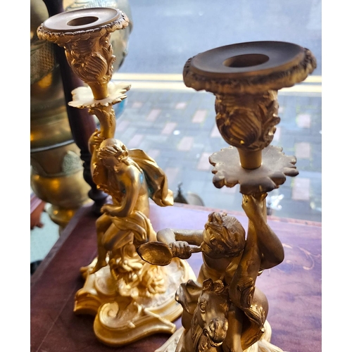 168 - Pair of Gilded Bronze Candle Rests Figural Decoration Rococo Form Each Approximately 11 Inches High