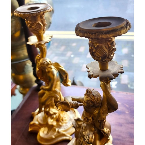 168 - Pair of Gilded Bronze Candle Rests Figural Decoration Rococo Form Each Approximately 11 Inches High