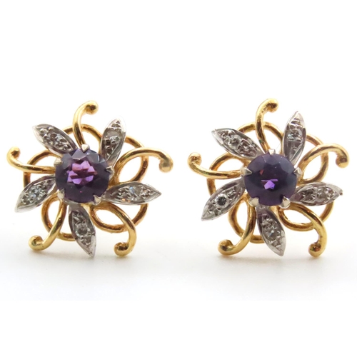 1681 - Amethyst and Diamond Flower Motif Ladies Earrings Mounted on 18 Carat Yellow Gold Each Approximately... 