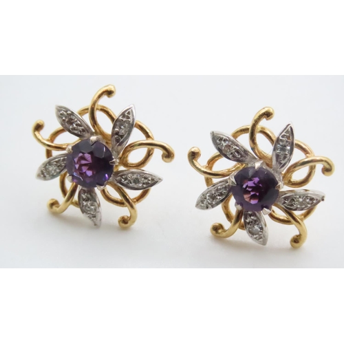 1681 - Amethyst and Diamond Flower Motif Ladies Earrings Mounted on 18 Carat Yellow Gold Each Approximately... 