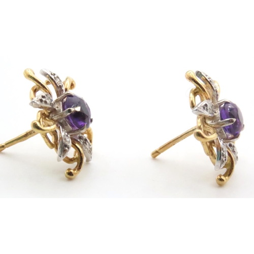 1681 - Amethyst and Diamond Flower Motif Ladies Earrings Mounted on 18 Carat Yellow Gold Each Approximately... 