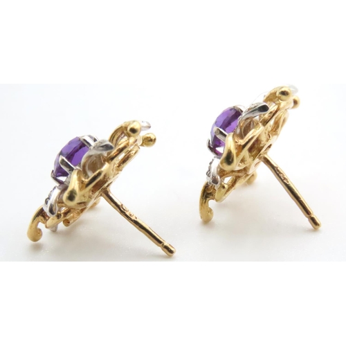 1681 - Amethyst and Diamond Flower Motif Ladies Earrings Mounted on 18 Carat Yellow Gold Each Approximately... 