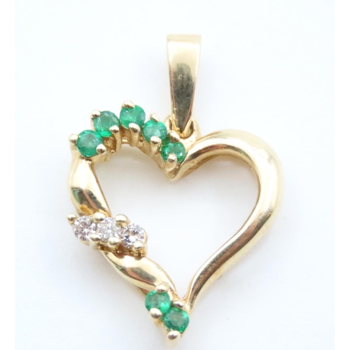 1690 - Emerald and Diamond Set Heart Motif Pendant Mounted on 14 Carat Yellow Gold 2.5cm High