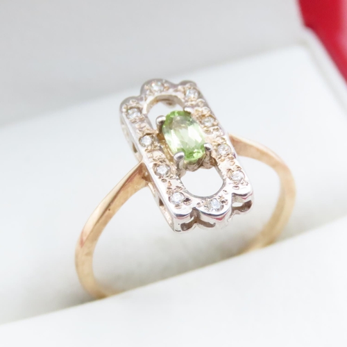 1691 - Peridot and Diamond Panel Form Cluster Ring Set on 9 Carat Yellow Gold Band Ring Size O