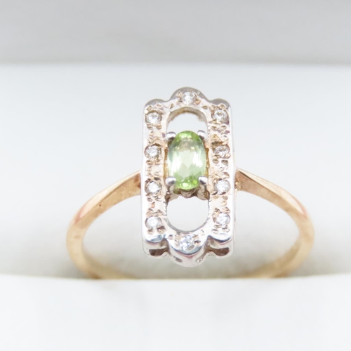 1691 - Peridot and Diamond Panel Form Cluster Ring Set on 9 Carat Yellow Gold Band Ring Size O