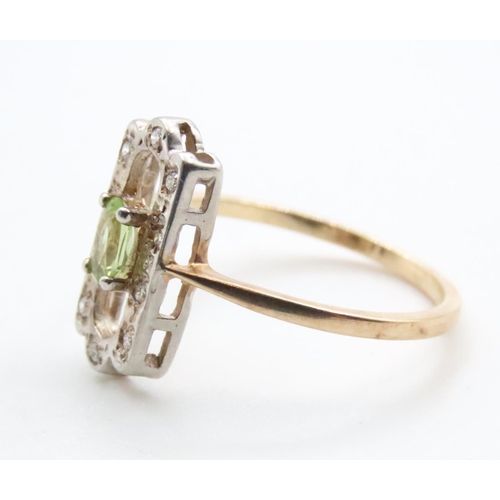 1691 - Peridot and Diamond Panel Form Cluster Ring Set on 9 Carat Yellow Gold Band Ring Size O