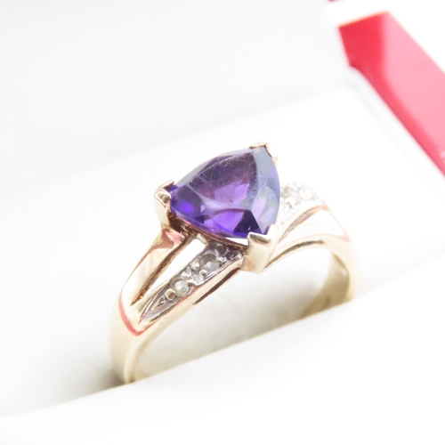 1698 - Amethyst and Diamond Ladies Ring Mounted on 9 Carat Yellow Gold Band Ring Size N and a Half