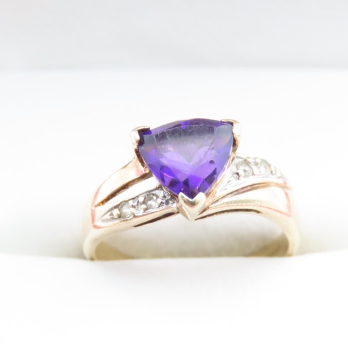 1698 - Amethyst and Diamond Ladies Ring Mounted on 9 Carat Yellow Gold Band Ring Size N and a Half