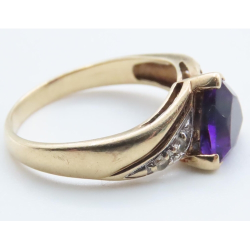 1698 - Amethyst and Diamond Ladies Ring Mounted on 9 Carat Yellow Gold Band Ring Size N and a Half