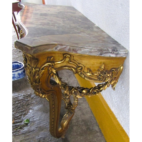 17 - Gilded Serpentine Front Console Table Marble Top Swag Vine Motif Decoration to Frieze 38 Inches Wide... 