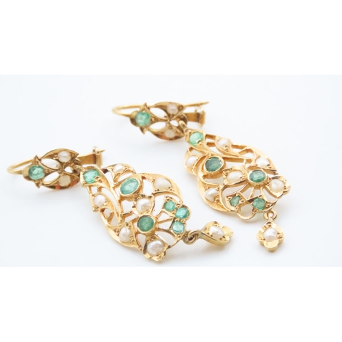 1714 - Emerald and Seed Pearl Drop Earrings Set in 18 Carat Yellow Gold Attractively Detailed Each 4cm High