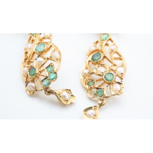 1714 - Emerald and Seed Pearl Drop Earrings Set in 18 Carat Yellow Gold Attractively Detailed Each 4cm High