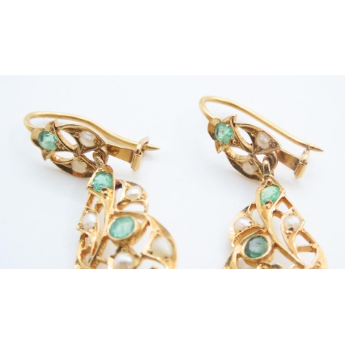 1714 - Emerald and Seed Pearl Drop Earrings Set in 18 Carat Yellow Gold Attractively Detailed Each 4cm High