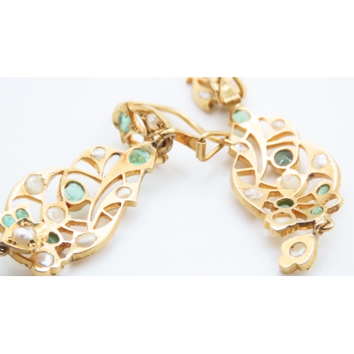 1714 - Emerald and Seed Pearl Drop Earrings Set in 18 Carat Yellow Gold Attractively Detailed Each 4cm High