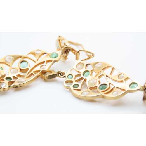 1714 - Emerald and Seed Pearl Drop Earrings Set in 18 Carat Yellow Gold Attractively Detailed Each 4cm High