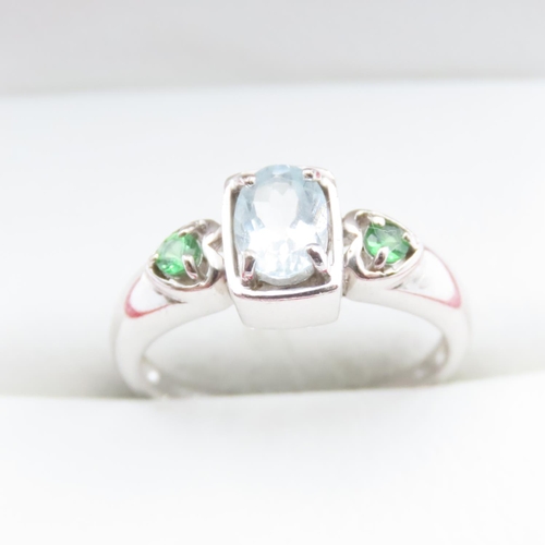 1718 - Aquamarine and Peridot Three Stone Ring Mounted on 9 Carat White Gold Band Ring Size N