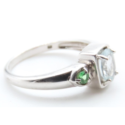 1718 - Aquamarine and Peridot Three Stone Ring Mounted on 9 Carat White Gold Band Ring Size N