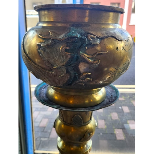 173 - Oriental Jardiniere on Turned Stand Entire Cast Brass Approximately 36 Inches High