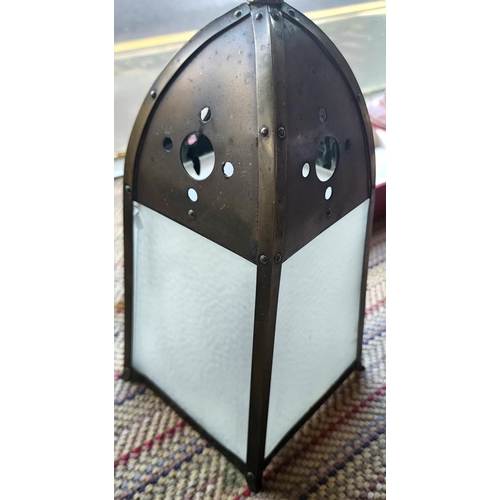 178 - Antique Arts and Crafts Hall Lantern Bronze Bound with Inset Milk Glass Panels Approximately 12 Inch... 