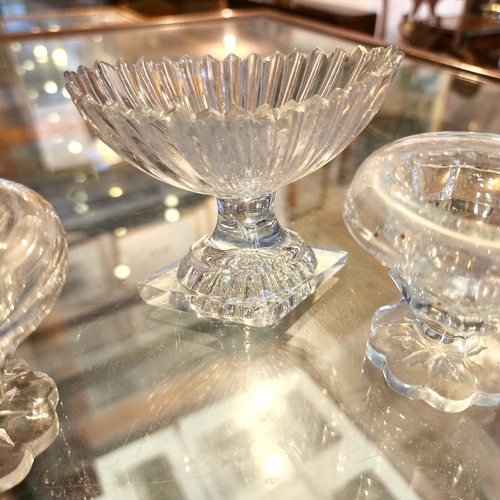 180 - Pair of Penrose Glass Waterford Table Salts and Old Crystal Boat Form Pedestal Salt Three in Lot