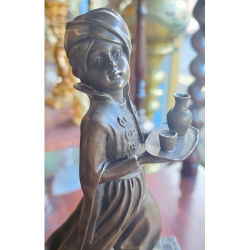 182 - Bronze Figure of Servant Boy with Turban Mounted on Rectangular Form Marble Base Approximately 10 In... 