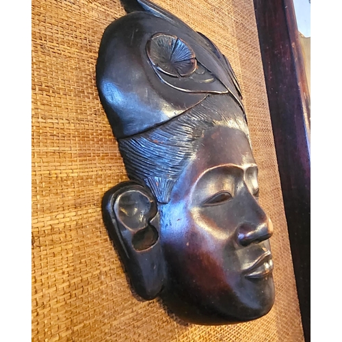 202 - Framed Eastern Carved Hardwood Tribal Mask Mounted on Linen Panel Approximately 22 Inches High x 14 ... 