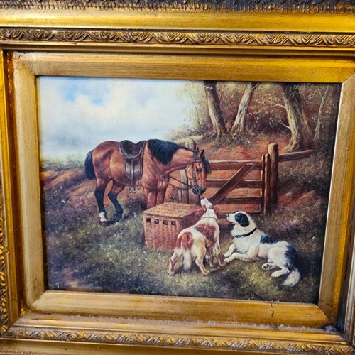 203 - Pair of Gilt Framed Pictures Equine Scenes with Dogs Each Approximately 12 Inches High x 14 Inches W... 