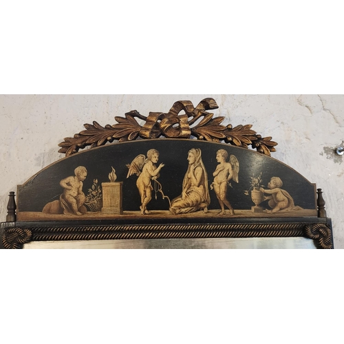 228 - Painted Wall Mirror Slim Rectangular Form with Upper Painted Cherup Motif Decoration Carved Gilded S... 