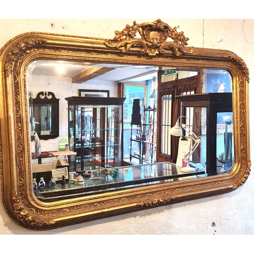 229 - Gilded Rectangular Form Wall Mirror Upper Cartouche Decoration Approximately 4ft 6 Inches Wide