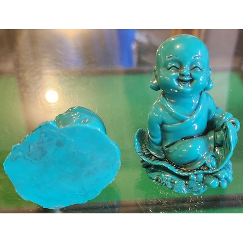 232 - Two Turquoise Eastern Figures Seated Happy Buddas Tallest Approximately 9cm High