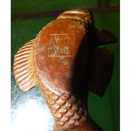 254 - Eastern Bronze Figure of Fish Approximately 6cm Wide Finely Detailed Signed with Characters to Base