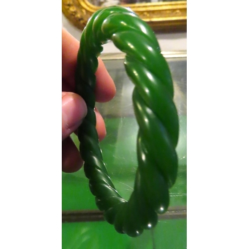 257 - Green Apple Jade Bangle Attractively Carved Inner Diameter 6.5cm Approximately